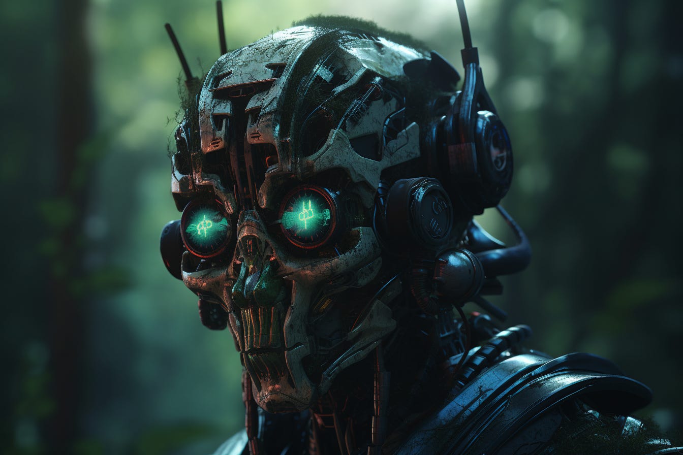 Ituyu, a ominous humanoid IA, revenant, undead robot, glowing green eyes, cinematic composition, megalophobia, cinematic high detail, ultra realistic, cinematic lighting, portrait painting, photorealistic, Color Grading, portrait Photography, Shot on 50mm lense, Ultra - Wide Angle, Depth of Field, hyper - detailed, beautifully color graded, Unreal Engine5, Cinematic,