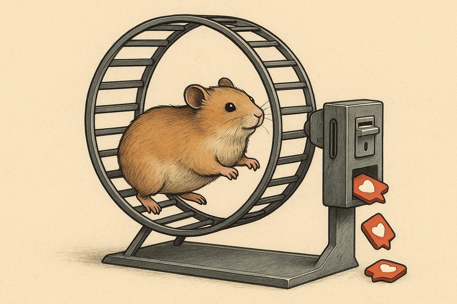 a hamster on a wheel running in place for "likes" as rewards