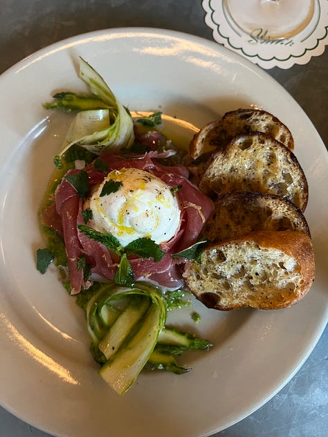 burrata with lemon peas and asparagus with toast points from slim's pizzeria
