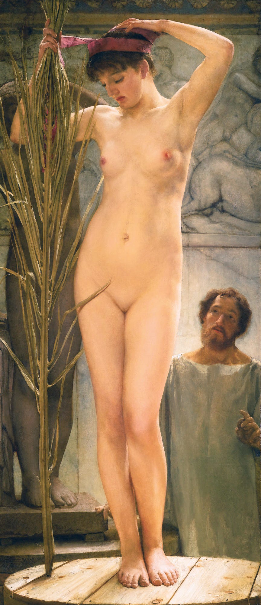Life size Roman nude beside a statue Life size Roman nude beside a statue