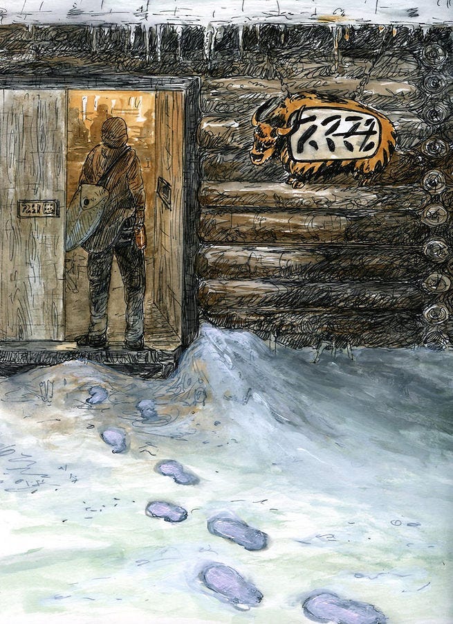 Person with bag enters a warmly lit cabin, leaving footprints in the snow. Log cabin has a bull sign with symbols on it.