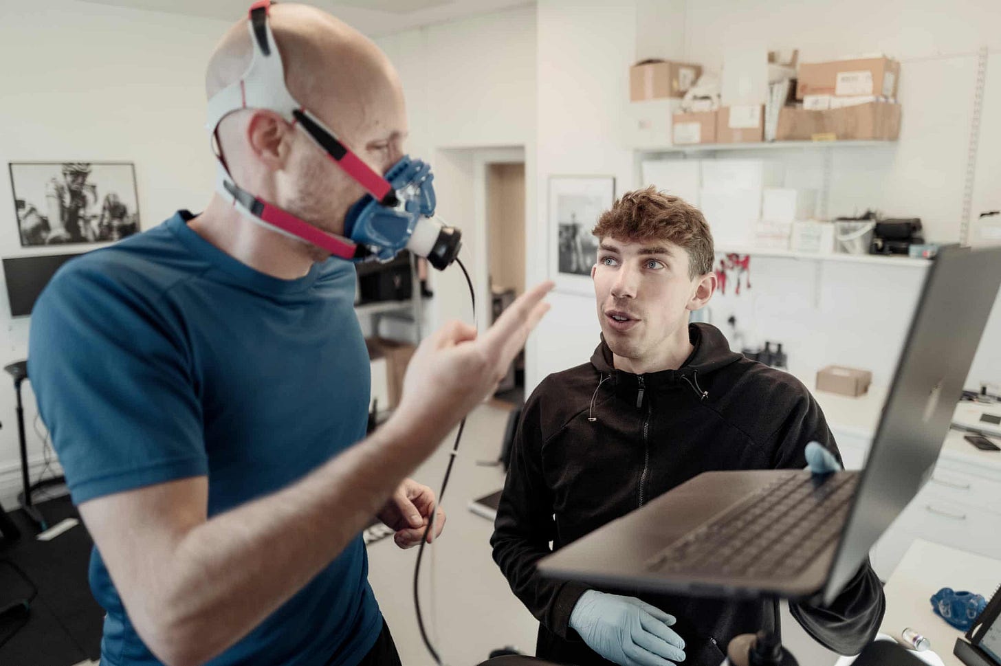 Maurten sports scientist Alexandre Guillaume monitors Ben Bloom at the headquarters of Swedish sports nutrition company in Gothenburg. Maurten sports scientist Alexandre Guillaume monitors Ben Bloom at the headquarters of Swedish sports nutrition company in Gothenburg.