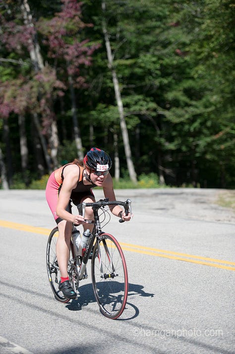 Three photos. Kate is on her road bike leaning low over the handlebars, a smile on her face. In the second, she's at the finish line of Colby Triathlon, her arms spread wide and a huge smile on her face. In the third, she's standing on the summit sign of Mt. Katahdin, hiking poles raised above her head and her mouth open from giving a giant woot yell.