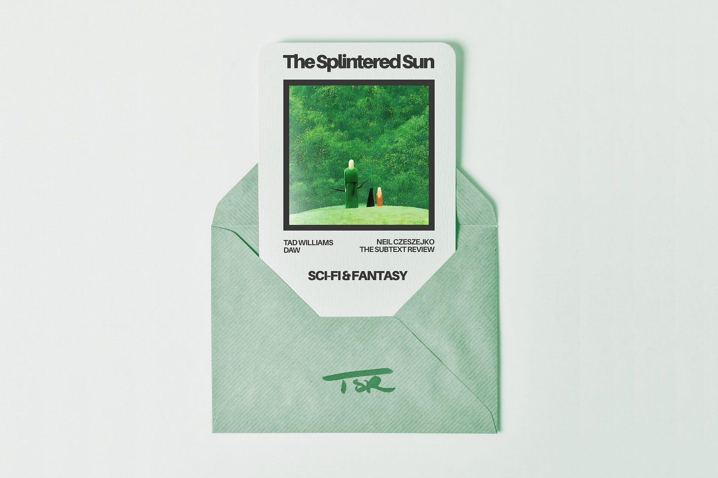 A minimalist, flat-lay photograph of a pale sage green envelope sitting on a pale cream background. Tucked inside the envelope is a textured card for the book "The Splintered Sun" by Tad Williams, published by DAW and reviewed by Neil Czeszejko. The card showcases a square illustration, styled to look like a freshly printed photograph, depicting a tall, beautiful man in a flowing green cloak with two children, a dark-haired girl and a blond-haired boy, standing on a grassy hill against a dense, lush green canopy. The genre Sci-Fi & Fantasy is printed on the card, and the envelope is stamped at the bottom with a green TSR logo. Part of the Literary Review series at The Subtext Review. A minimalist, flat-lay photograph of a pale sage green envelope sitting on a pale cream background. Tucked inside the envelope is a textured card for the book "The Splintered Sun" by Tad Williams, published by DAW and reviewed by Neil Czeszejko. The card showcases a square illustration, styled to look like a freshly printed photograph, depicting a tall, beautiful man in a flowing green cloak with two children, a dark-haired girl and a blond-haired boy, standing on a grassy hill against a dense, lush green canopy. The genre Sci-Fi & Fantasy is printed on the card, and the envelope is stamped at the bottom with a green TSR logo. Part of the Literary Review series at The Subtext Review.