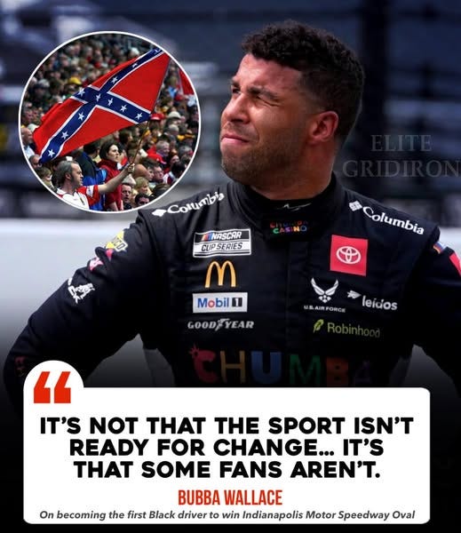 May be an image of 1 person and text that says 'J * Columbia NASCAR CUPSERIES SERIES CUP M Mobil 1 Columbia Columbia 통 + AIR RFORCE GOOD GOODYEAR AR leidos leidos " IT'S NOT THAT THE SPORT ISN'T READY FOR CHANGE... • IT'S THAT SOME FANS AREN'T. BUBBA WALLACE On becoming the first Black driver to win Indianapolis Motor Speedway Oval'