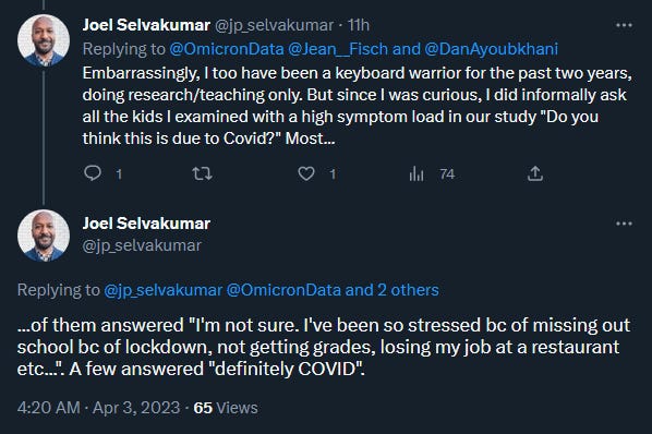 a tweet from study author Joel claiming he asked kids with LC symptoms and they blamed lockdowns, losing their job, not COVID