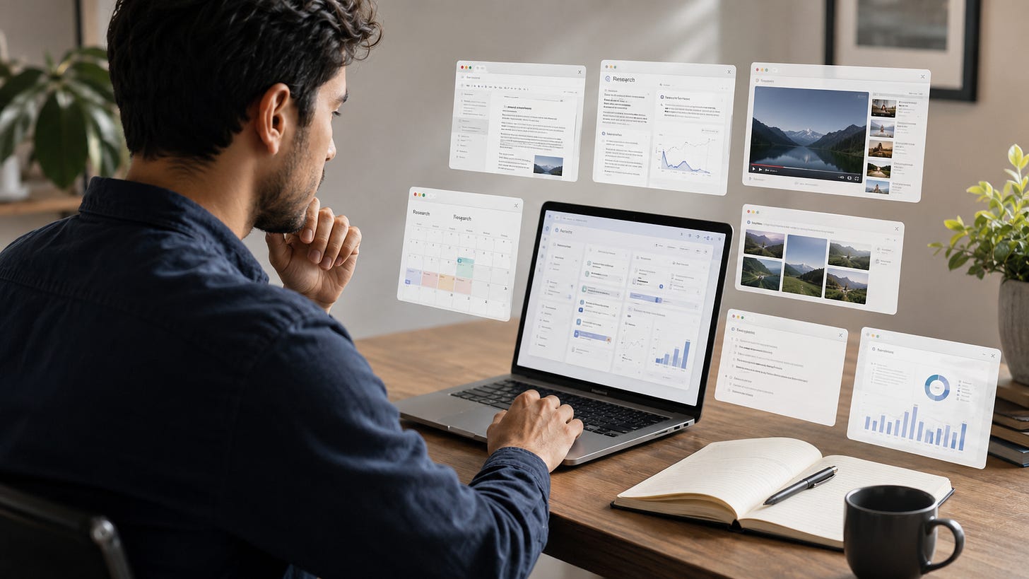 Persoană la birou lucrând pe laptop, cu mai multe ferestre digitale deschise pentru documente, research, video, imagini, calendar, notițe și analiză de business, sugerând folosirea aplicațiilor AI în sarcini diferite.