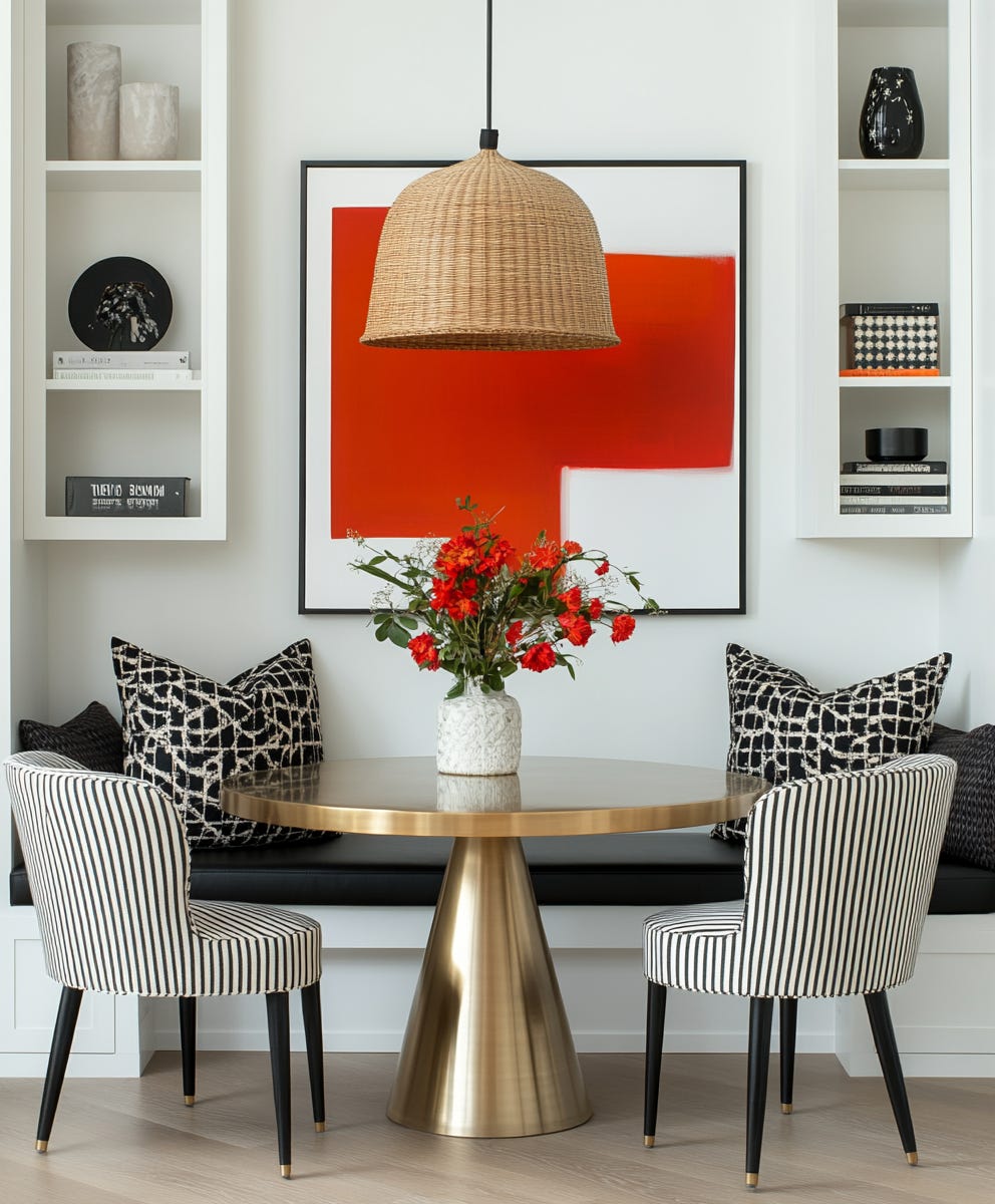 stunning breakfast nook in white, red, and black, with pattern play and a gold metal table, plush design interiors adelaide