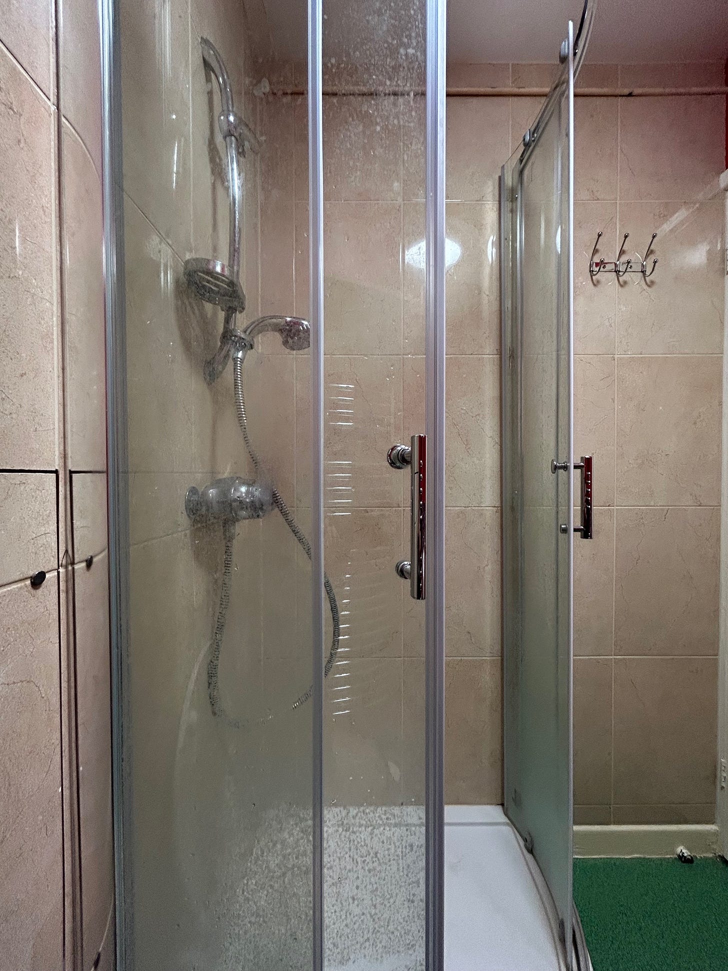 A shower door, glass with handles, and corved. Through the glass you can see a shower head and taps, as well as beige walls on the left and right side. On the right of the shower are wall hooks for towels.