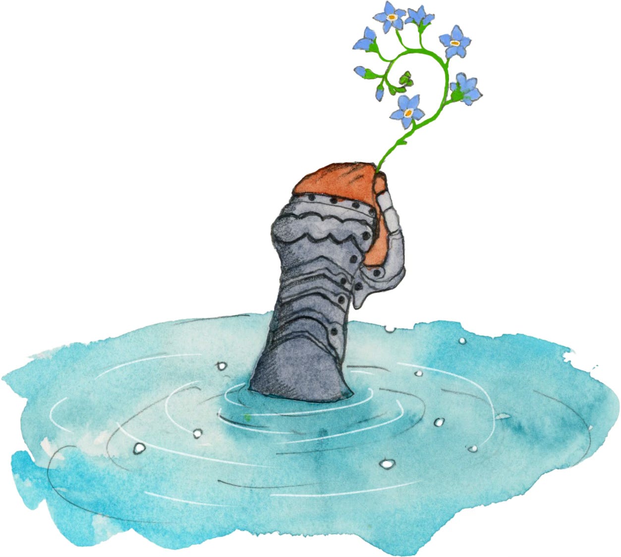 watercolour illustration of a gauntlet holding a forget-me-not flower whilst submerged in water watercolour illustration of a gauntlet holding a forget-me-not flower whilst submerged in water