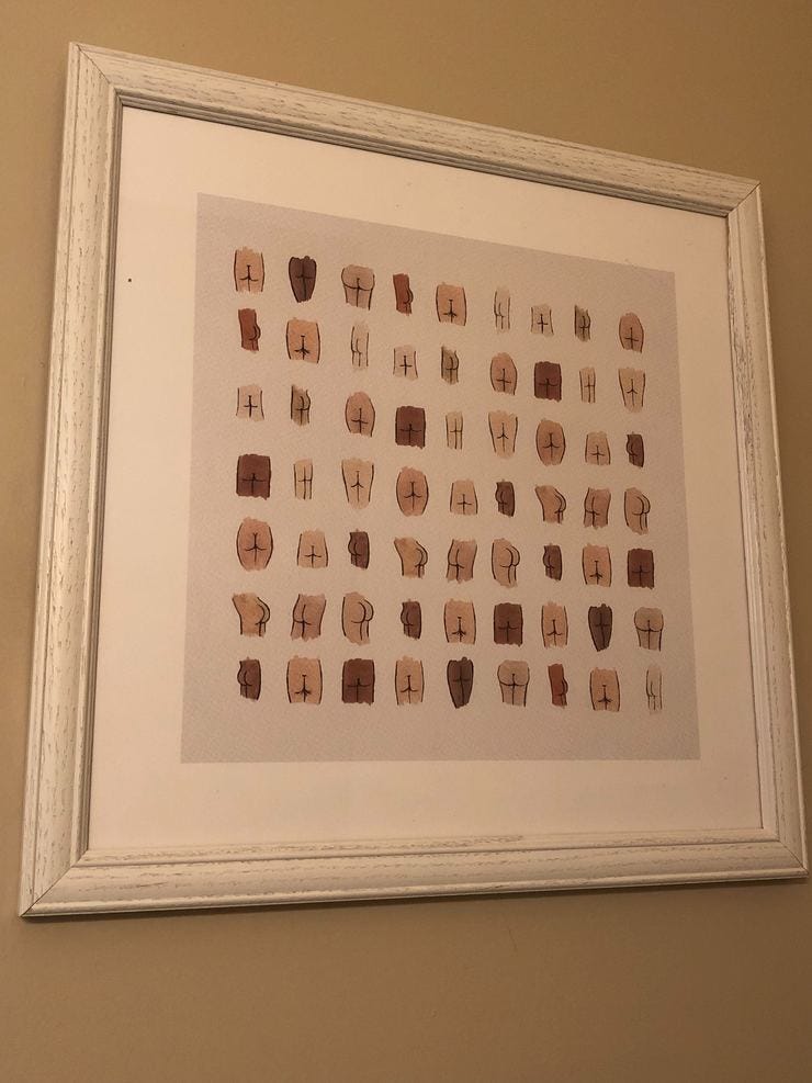 Artwork is a grid of illustrated disembodied butts