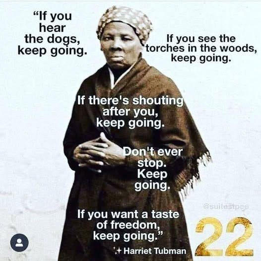 May be an image of 1 person and text that says '"If you hear the dogs, keep going. If you see the torches in the woods, keep going. If there's shouting after you, keep going. Don't ever stop. Kep going. @suitestpee If you want a taste of freedom, keep going.' " Harriet Tubman 22'