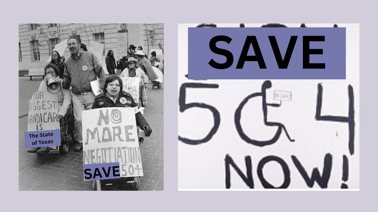 photos of 504 sit in protestors with signs. the signs have been edited to Save instead of sign 504.