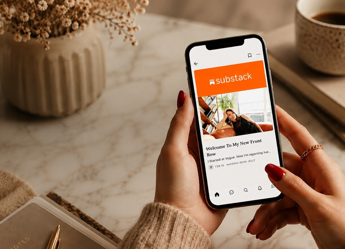 The New Front Row on Substack — a former Vogue editor's publication, shown on a phone