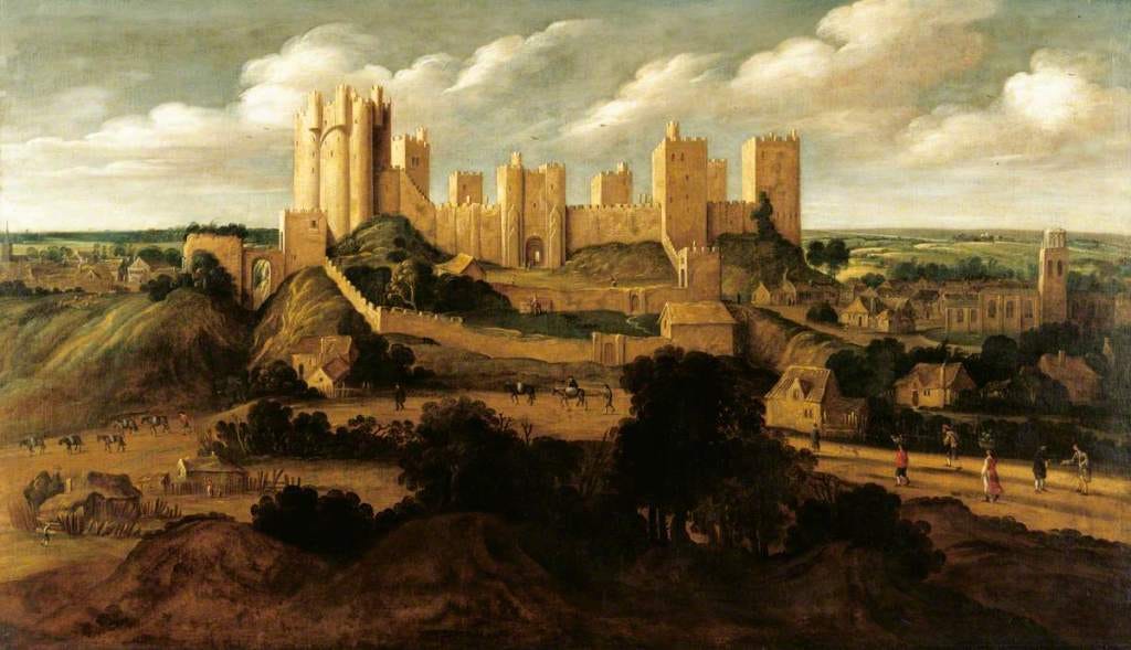 A painting of Pontefract Castle. The castle is shown towering on a hill in the centre, with tall walls and towers, whilst a village scene surrounds it.