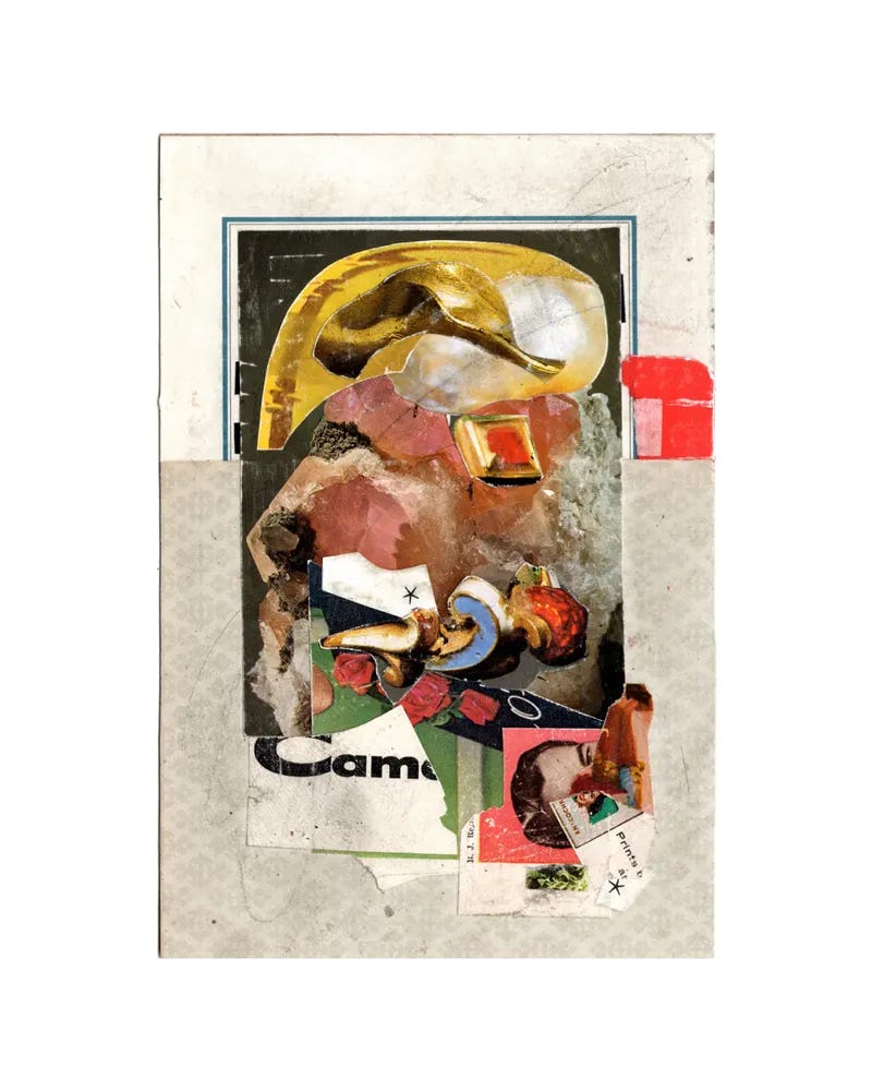 abstract paper collage with a mixed border of neutral plain & subtly patterned papers, with a central tall gemlike stack in bright, warm colors abstract paper collage with a mixed border of neutral plain & subtly patterned papers, with a central tall gemlike stack in bright, warm colors