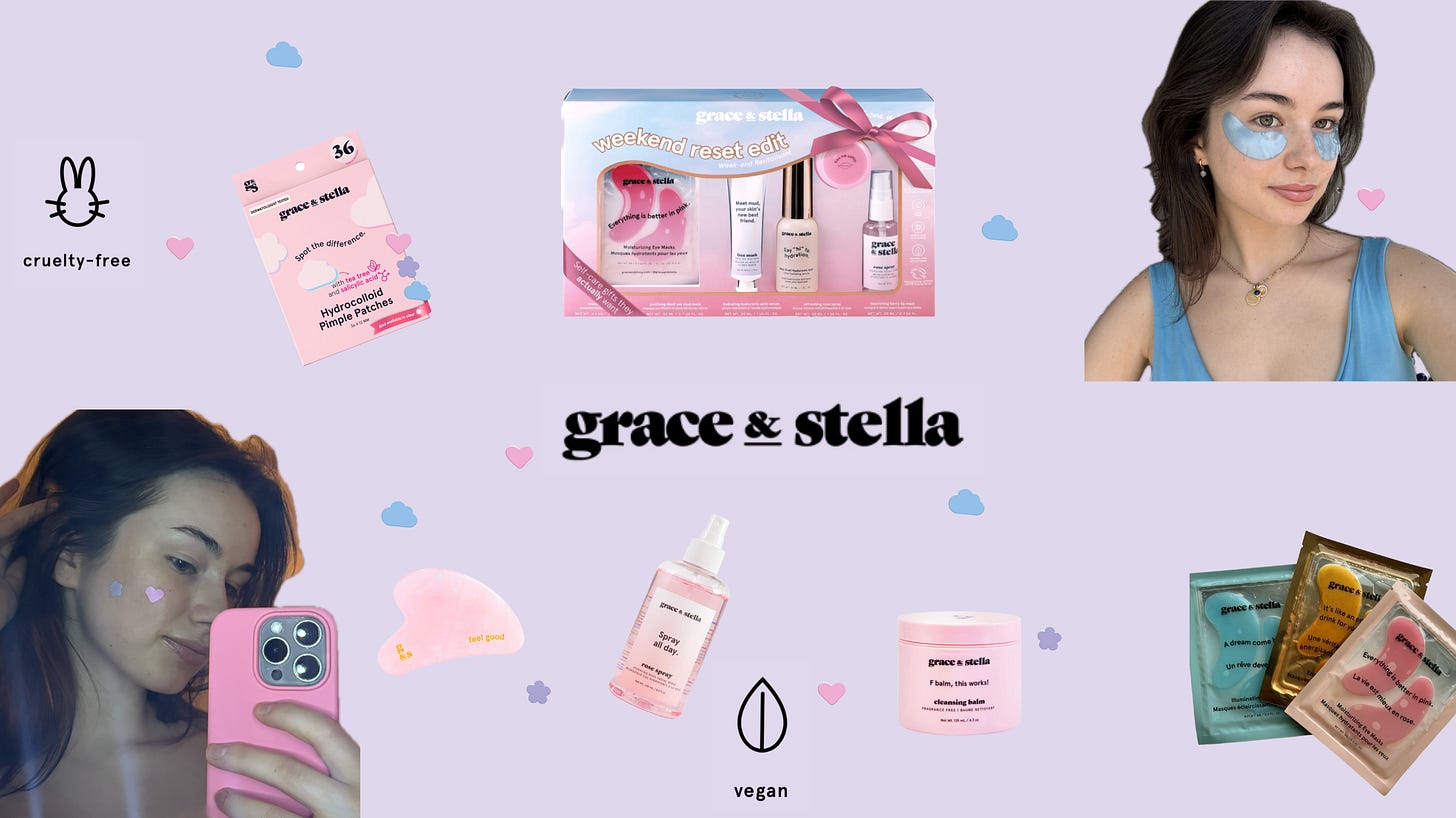 Grace & Stella viral skincare review featuring the Hydrocolloid Pimple Patches packaging, the Weekend Reset Edit gift set, and a close-up of a woman applying the blue illuminating under-eye masks.” Grace & Stella viral skincare review featuring the Hydrocolloid Pimple Patches packaging, the Weekend Reset Edit gift set, and a close-up of a woman applying the blue illuminating under-eye masks.”