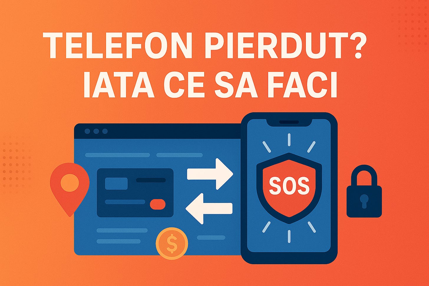 Ilustrație vectorială flat 16 : 9, gradient portocaliu-roșu; titlu alb fără diacritice «TELEFON PIERDUT? IATA CE SA FACI!». În dreapta, un smartphone cu scut „SOS” și raze; săgeți dinamice indică acțiuni; lângă, pictograme pin locație și lacăt; în stânga, un panou web simbolizând gestionarea remotă – design clar, contrast puternic, ton de alertă. Ilustrație vectorială flat 16 : 9, gradient portocaliu-roșu; titlu alb fără diacritice «TELEFON PIERDUT? IATA CE SA FACI!». În dreapta, un smartphone cu scut „SOS” și raze; săgeți dinamice indică acțiuni; lângă, pictograme pin locație și lacăt; în stânga, un panou web simbolizând gestionarea remotă – design clar, contrast puternic, ton de alertă.
