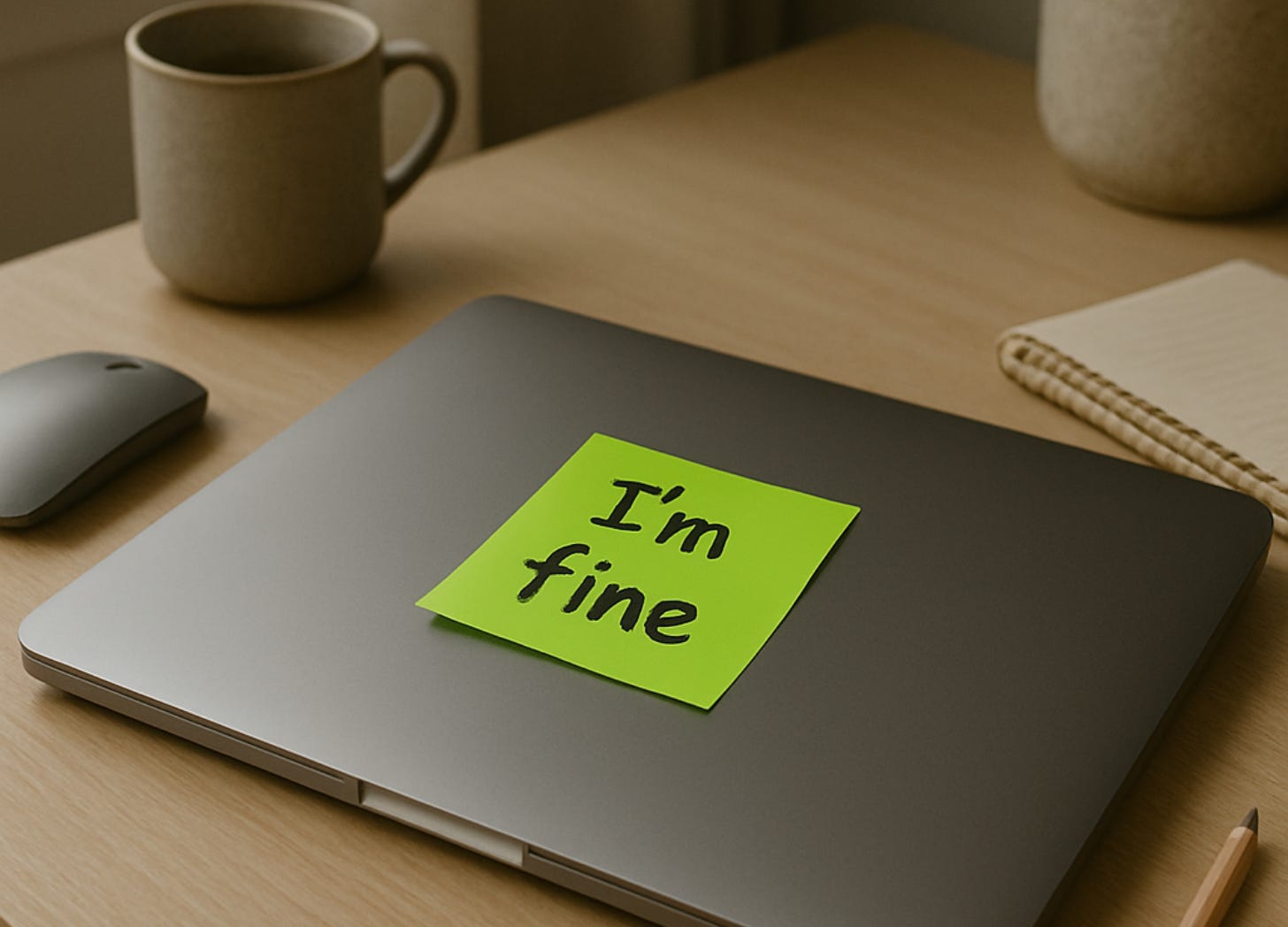 A closed laptop with a bright green sticky note on top that reads “I’m fine.” A coffee mug, notebook, and mouse rest nearby on a wooden desk.