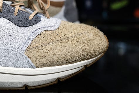 The hairy suede, baseball glove laces, and Vibram outsole on the Saint65 SV1 “Radici”