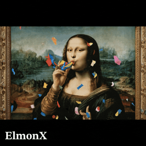 A portrait of Mona Lisa blowing from a confetti device. 