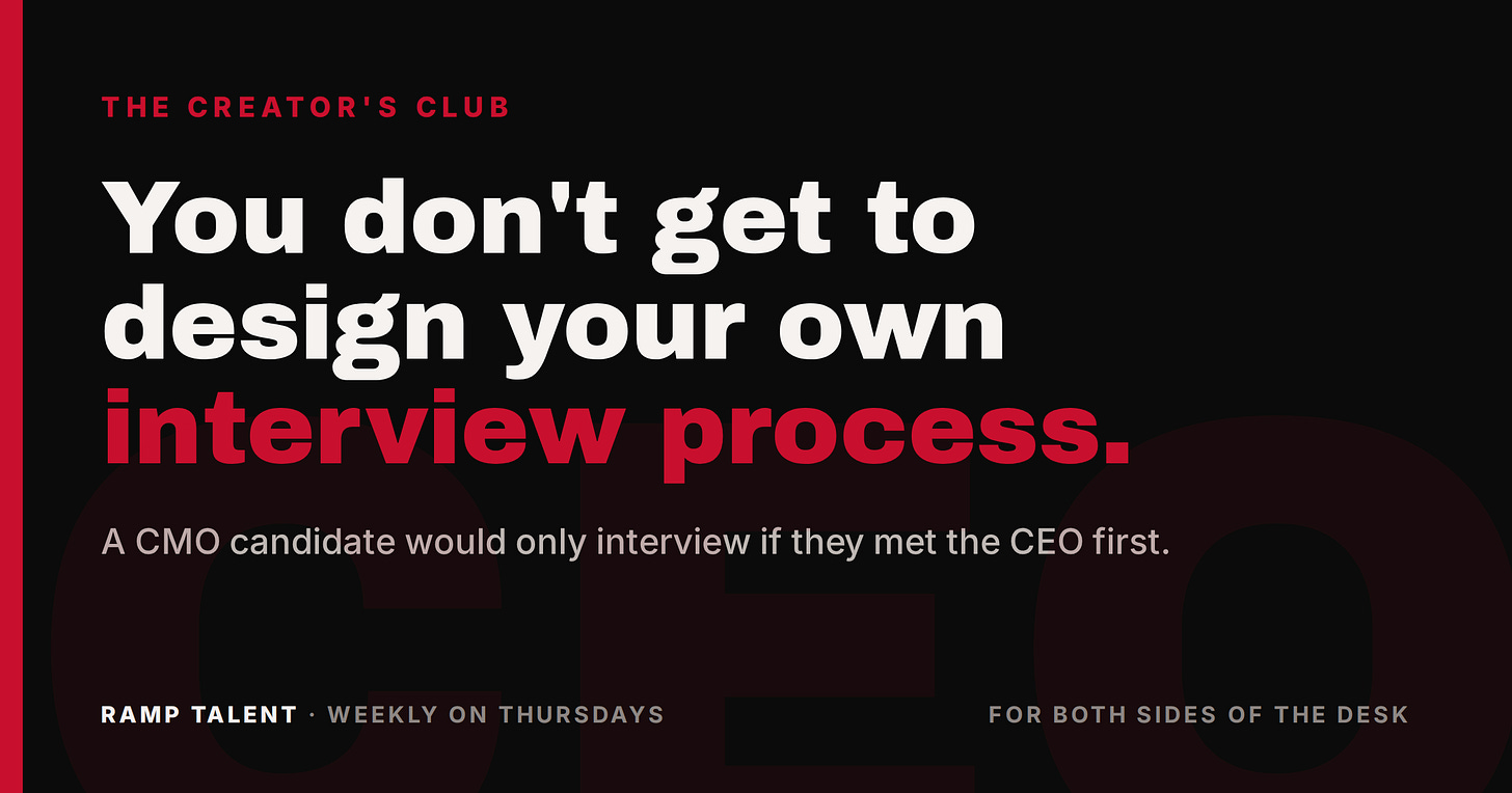 Black and crimson graphic with the headline: You don't get to design your own interview process. Black and crimson graphic with the headline: You don't get to design your own interview process.