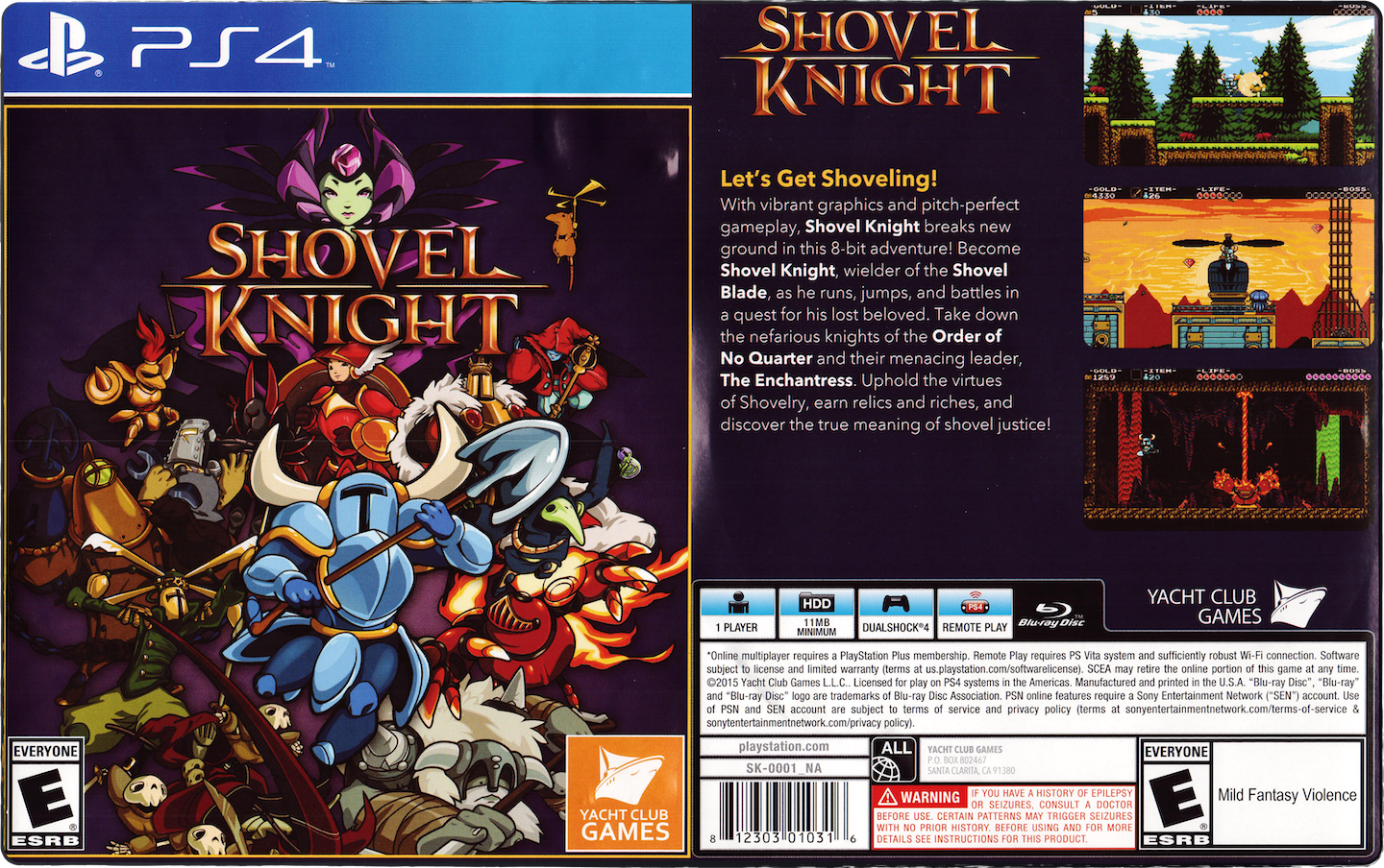 Image showing the front and back box cover art for the PS4 copy of Shovel Knight!