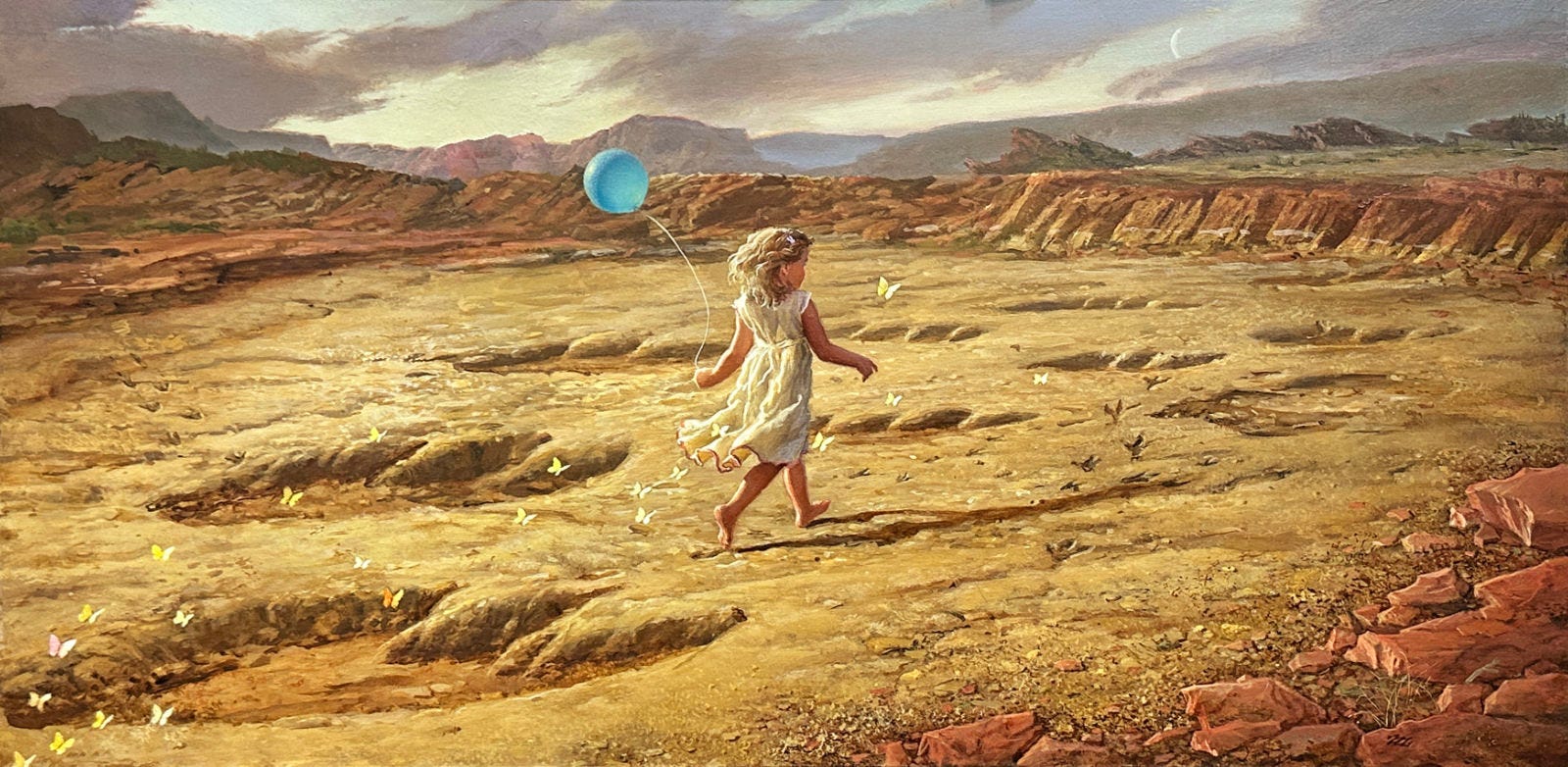 A young girl in white dress runs barefoot across dry earth with her blonde hair bouncing as en masse with her stride. In her left hand, she delicately pinches the string of a blue balloon as dozens of pale white and yellow butterflies trail her. From behind, the sun casts a long thin shadow ahead of her. All around her, massive impressions of dinosaur footprints sink into the ground. They run offset in parallel tracks to the low rusty rim of what might be a crater. Mixed among the larger tracks are smaller bird-claw impressions from a raptor. A young girl in white dress runs barefoot across dry earth with her blonde hair bouncing as en masse with her stride. In her left hand, she delicately pinches the string of a blue balloon as dozens of pale white and yellow butterflies trail her. From behind, the sun casts a long thin shadow ahead of her. All around her, massive impressions of dinosaur footprints sink into the ground. They run offset in parallel tracks to the low rusty rim of what might be a crater. Mixed among the larger tracks are smaller bird-claw impressions from a raptor.