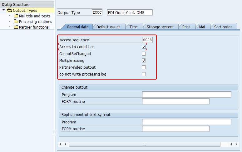 General data tab of output type configuration. Parameters such as Access Sequence, Access to Conditions, Multiple Issuing, Do not write processing log, etc