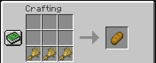 Crafting bread on crafting table's 3×3 grid. Wheat bottom-left, bottom and bottom-right. Crafting bread on crafting table's 3×3 grid. Wheat bottom-left, bottom and bottom-right.