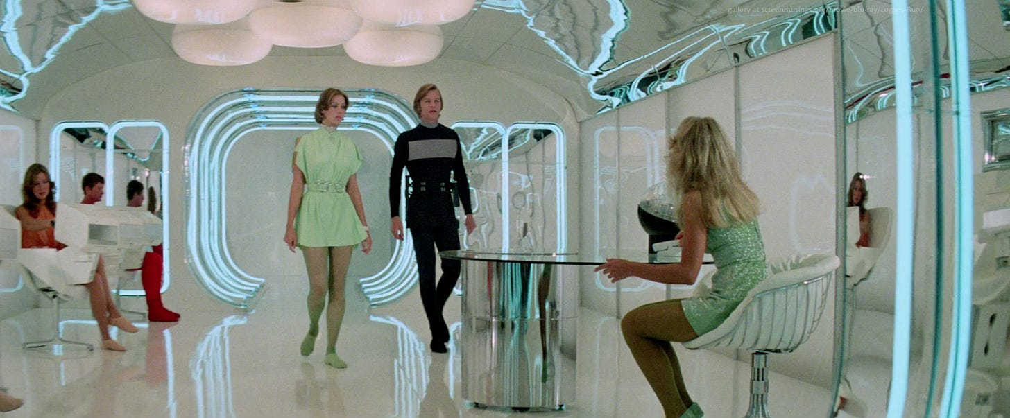 People walking and sitting in a retrofuturist white room with blue neon lighting