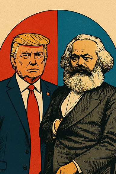 A symbolic image of Donald Trump and Karl Marx standing together in a surreal setting. Trump is dressed in a modern business suit with a red tie, holding a miniature skyscraper, while Marx wears 19th-century attire and holds a copy of 'The Communist Manifesto'. They stand on opposite sides of a cracked marble platform labeled 'Ideology', with storm clouds above and a faint rainbow in the distance, representing ideological contrast.