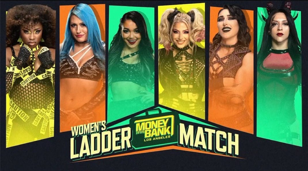 May be an image of 6 people and text that says "ynee AV3 စဂမာ CAUTION CA nye CAUTION CAUT そ CAUTI Ma WOMEN'S LADDER มา BANK S MONEY MATCH LOS ANGELES"