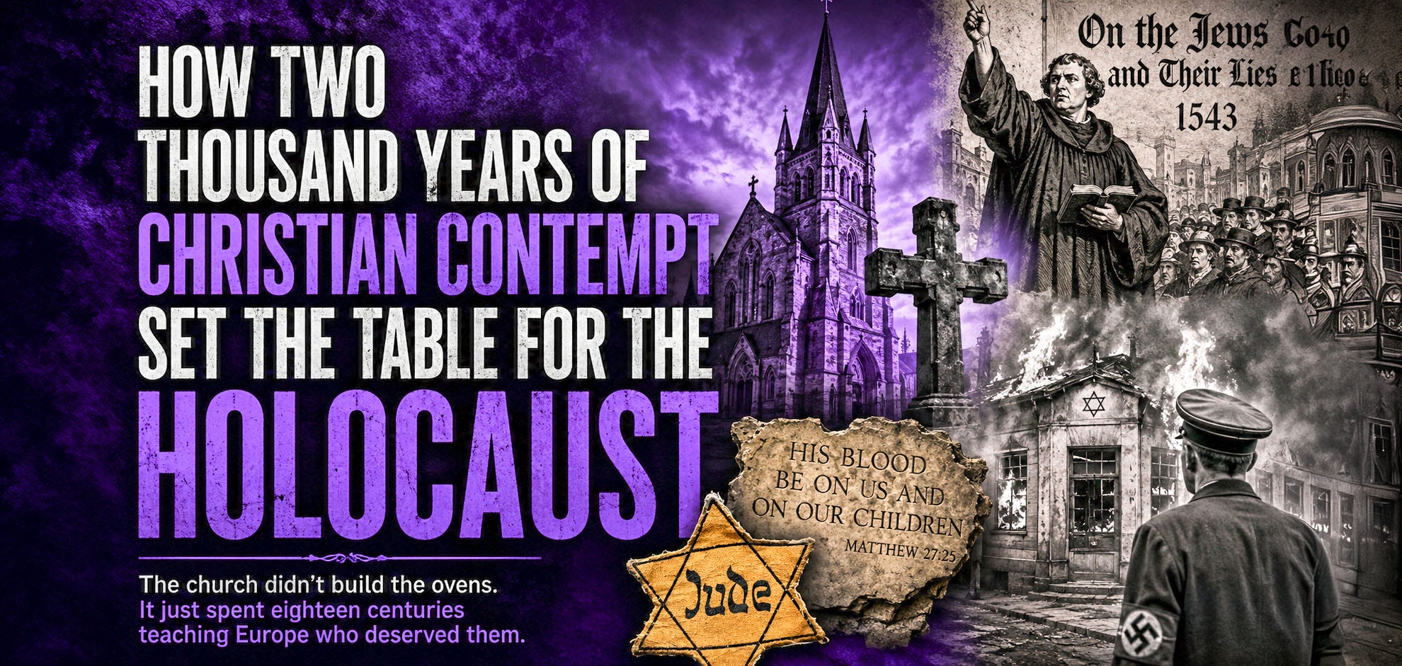 Editorial collage linking Christian antisemitism, Martin Luther, and Nazi persecution during the Holocaust. Editorial collage linking Christian antisemitism, Martin Luther, and Nazi persecution during the Holocaust.
