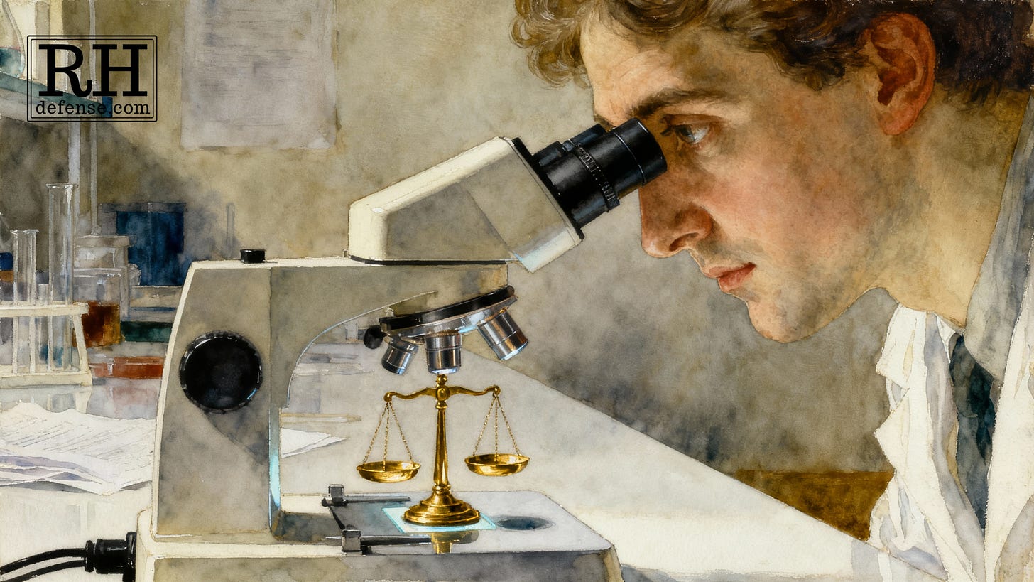 A lab technician peers through a microscope, studying a miniature scale of justice beneath the lens — symbolizing the examination of truth and fairness.