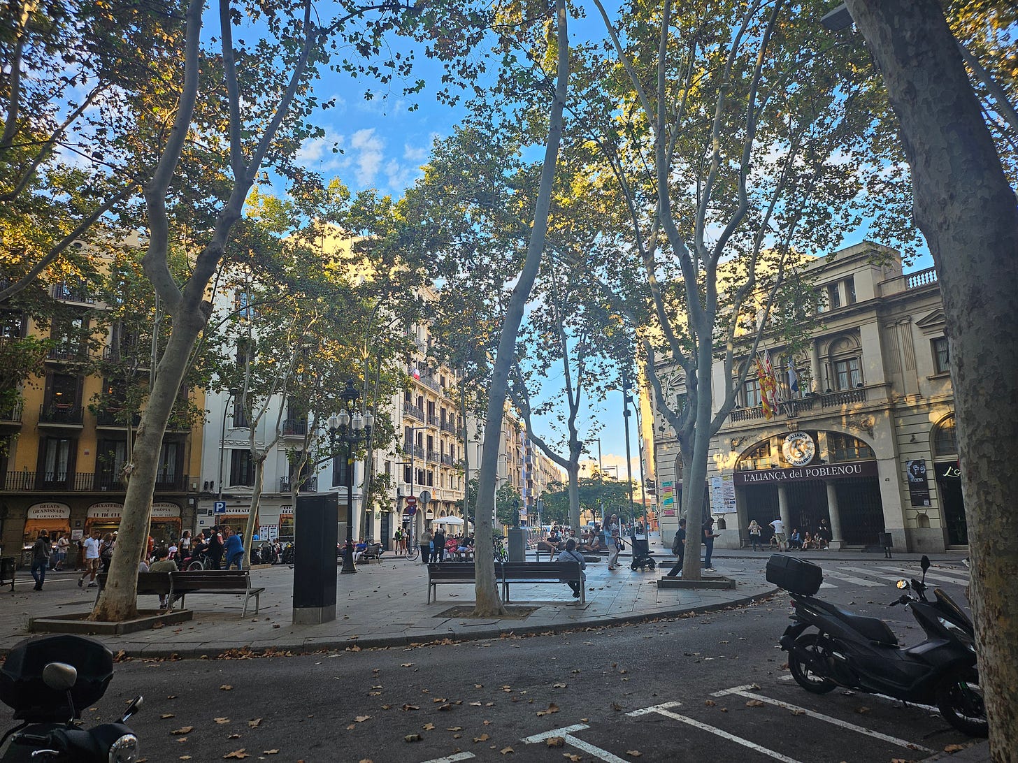 A quiet, pedestrianized street in the Poblenou Superblock, Barcelona, with people strolling and trees lining the sidewalks.