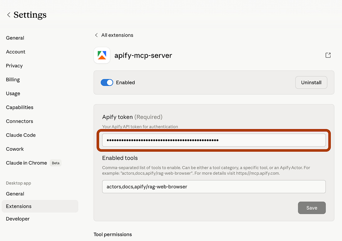 Apify connector configuration screen with the API key input field ready for credentials