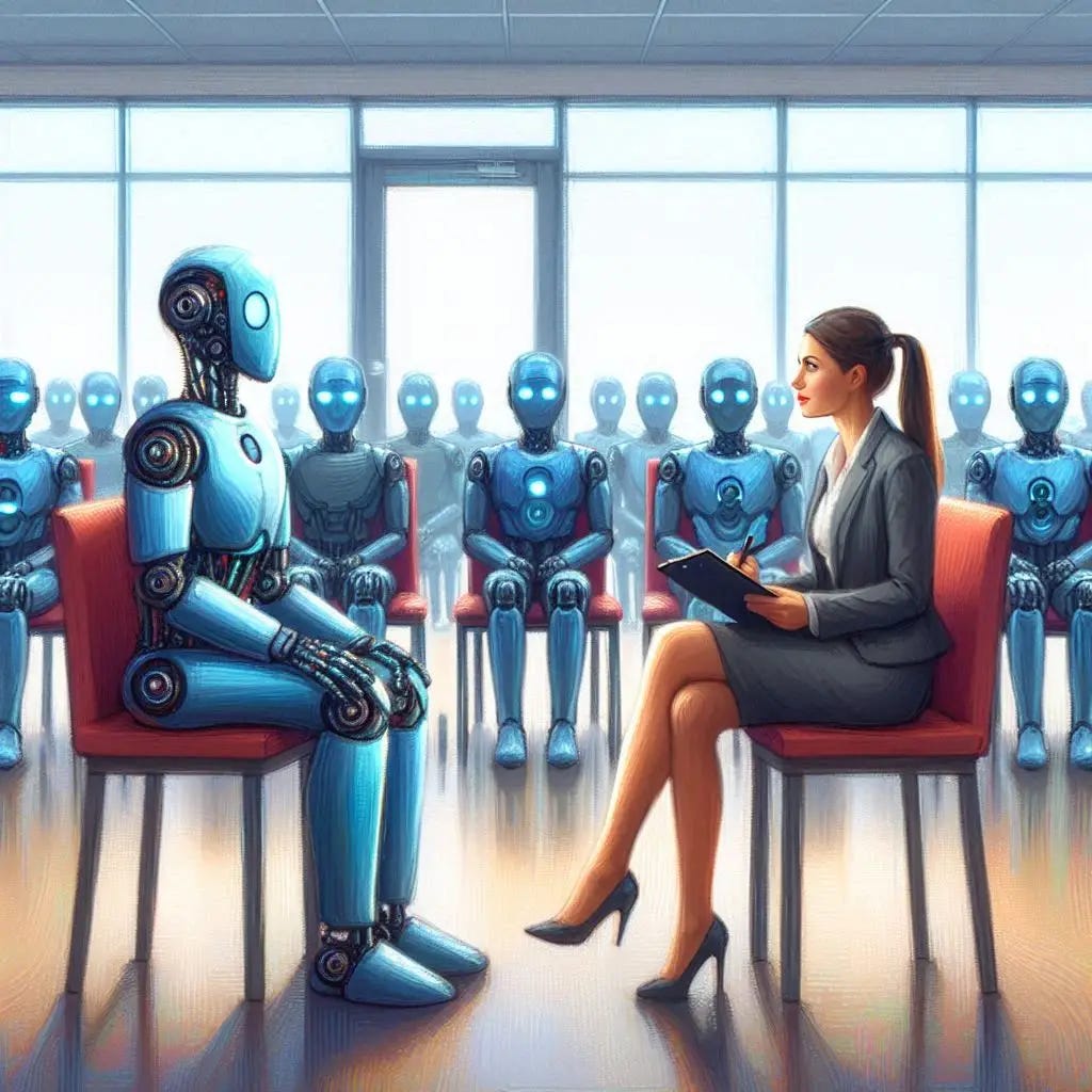 A professional woman sits in her office interviewing a high-tech robot. Outside her office, all of the chairs are filled with different high-tech robots waiting for their turn to be interviewed. Slight impressionist style.