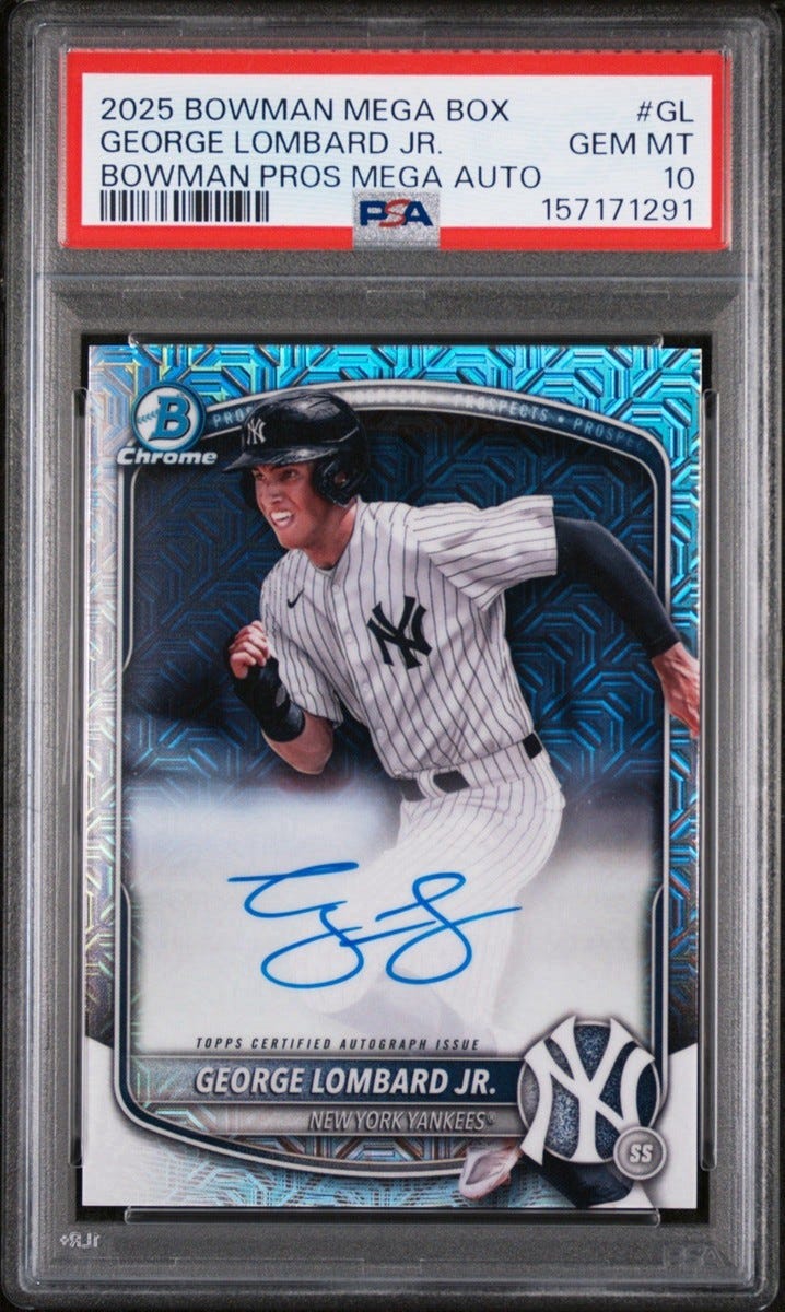 2025 Bowman Chrome GEORGE LOMBARD JR Auto MEGA REFRACTOR Auto RC PSA 10 Gem Mint 2025 Bowman Chrome GEORGE LOMBARD JR Auto MEGA REFRACTOR Auto RC PSA 10 Gem Mint