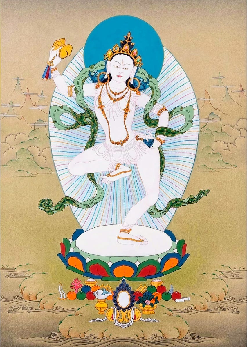 Image of crowned woman holding a bell and dancing on a drum Image of crowned woman holding a bell and dancing on a drum