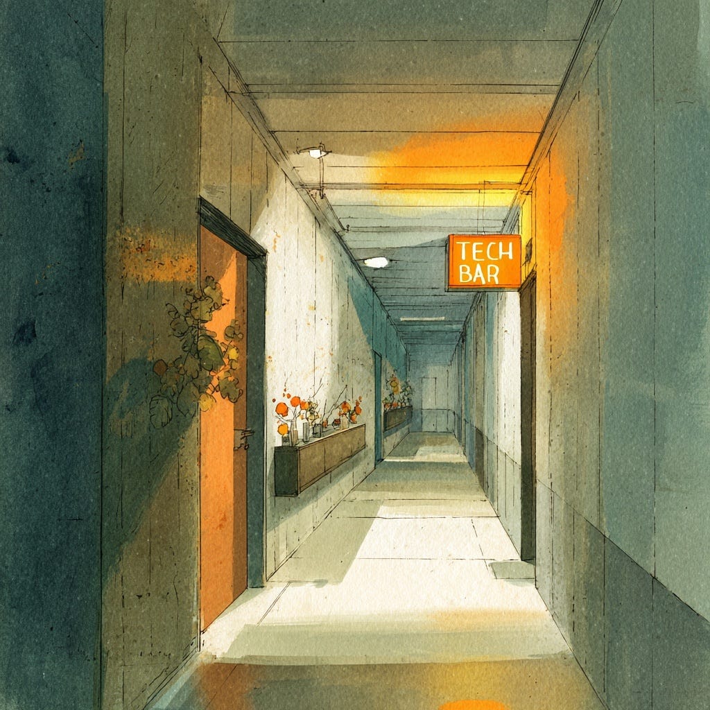 a muted watercolor illustration of a corporate basement hallway leading to a softly glowing tech bar sign, cold fluorescent ceiling lights casting long shadows on polished floors, faint fall decorations on the walls, and a quiet, slightly surreal atmosphere