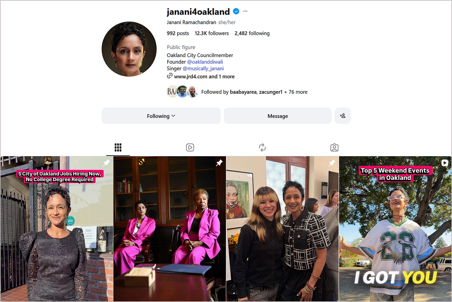 Screenshot of District 4 city council member Janani Ramachandran’s Instagram page, July 30, 2026. (Source: Instagram / @janani4oakland) Screenshot of District 4 city council member Janani Ramachandran’s Instagram page, July 30, 2026. (Source: Instagram / @janani4oakland)