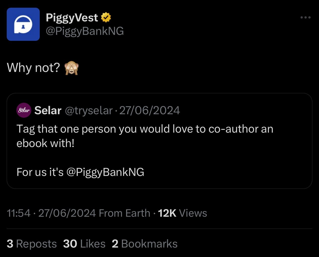 A tweet from Selar, quoted y PiggyVest