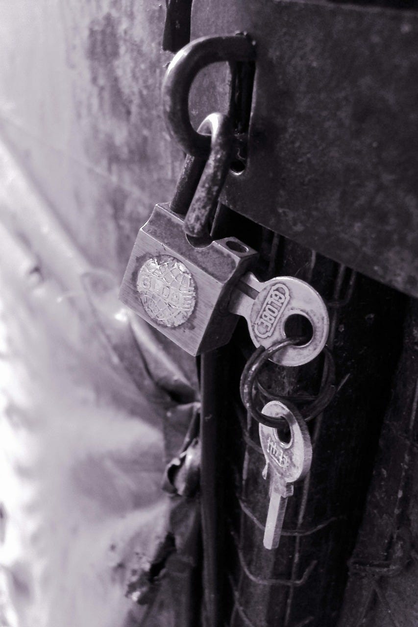 A padlock, hanging from the door, with its key stuck inside.