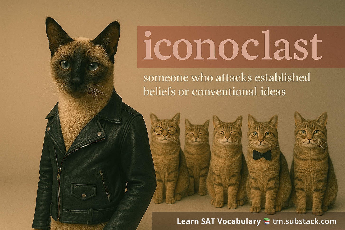 Illustration of a rebellious Siamese cat in a leather jacket standing apart from conforming cats; used to illustrate the SAT word 'iconoclast'.