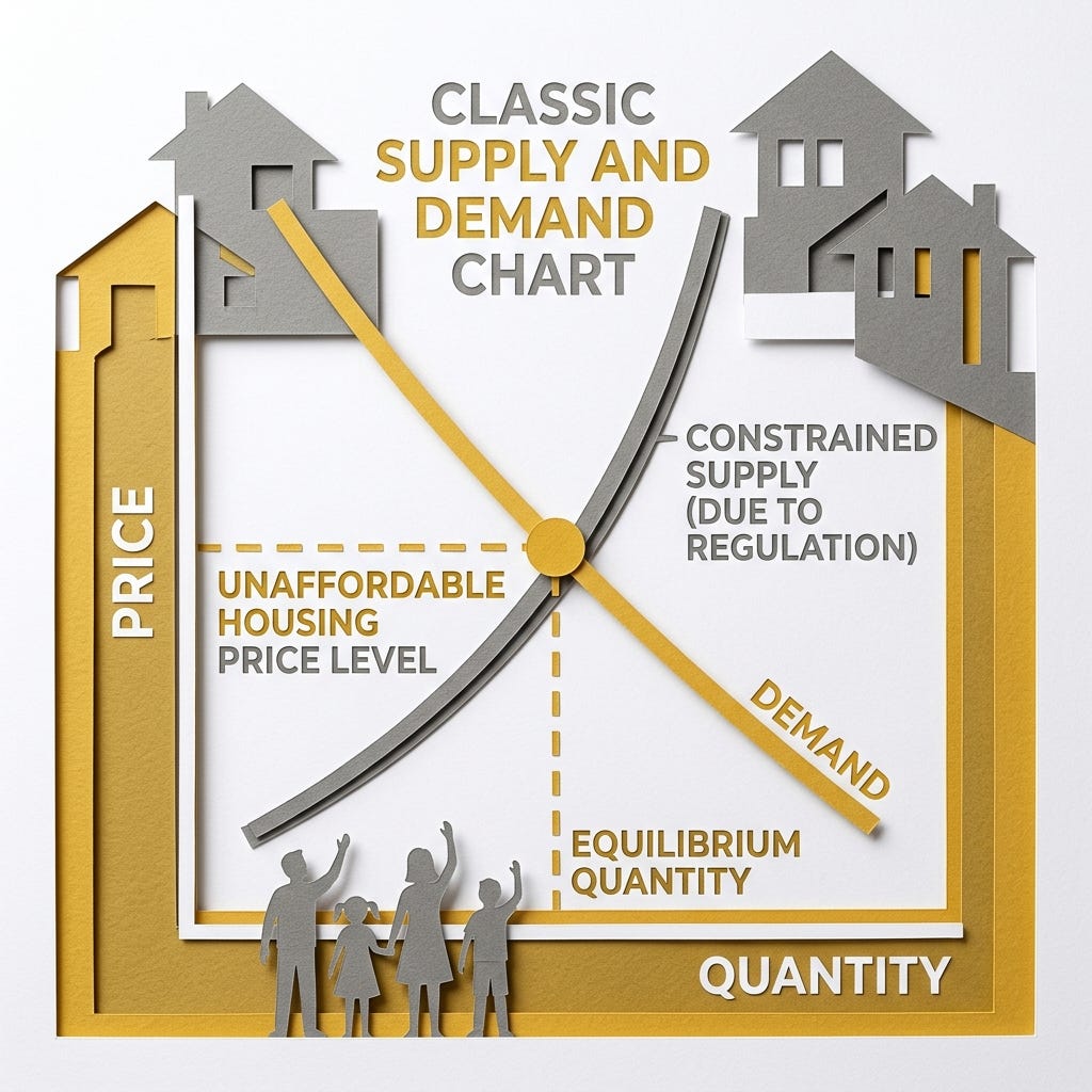 Layered papercut supply and demand chart with a golden yellow demand curve descending from left to right and a near-vertical grey supply curve representing regulatory constraints, with the intersection marked by a golden dot at a very high price level, and small grey family figures below the chart unable to reach the equilibrium price, illustrating how regulatory restriction of housing supply is not a market failure but a policy-created wedge between what housing costs and what it would cost to build in the absence of legal barriers Layered papercut supply and demand chart with a golden yellow demand curve descending from left to right and a near-vertical grey supply curve representing regulatory constraints, with the intersection marked by a golden dot at a very high price level, and small grey family figures below the chart unable to reach the equilibrium price, illustrating how regulatory restriction of housing supply is not a market failure but a policy-created wedge between what housing costs and what it would cost to build in the absence of legal barriers