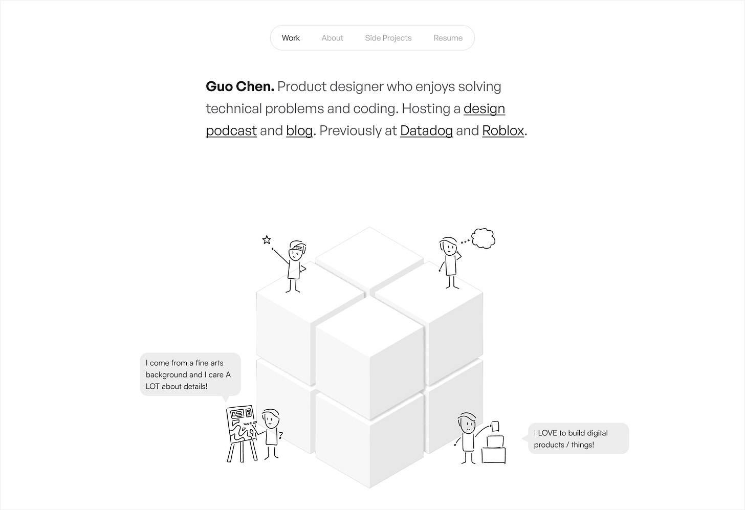 Guo's first design iteration of his portfolio where there's center text with a white cube below. On the white cube are hand drawn figures