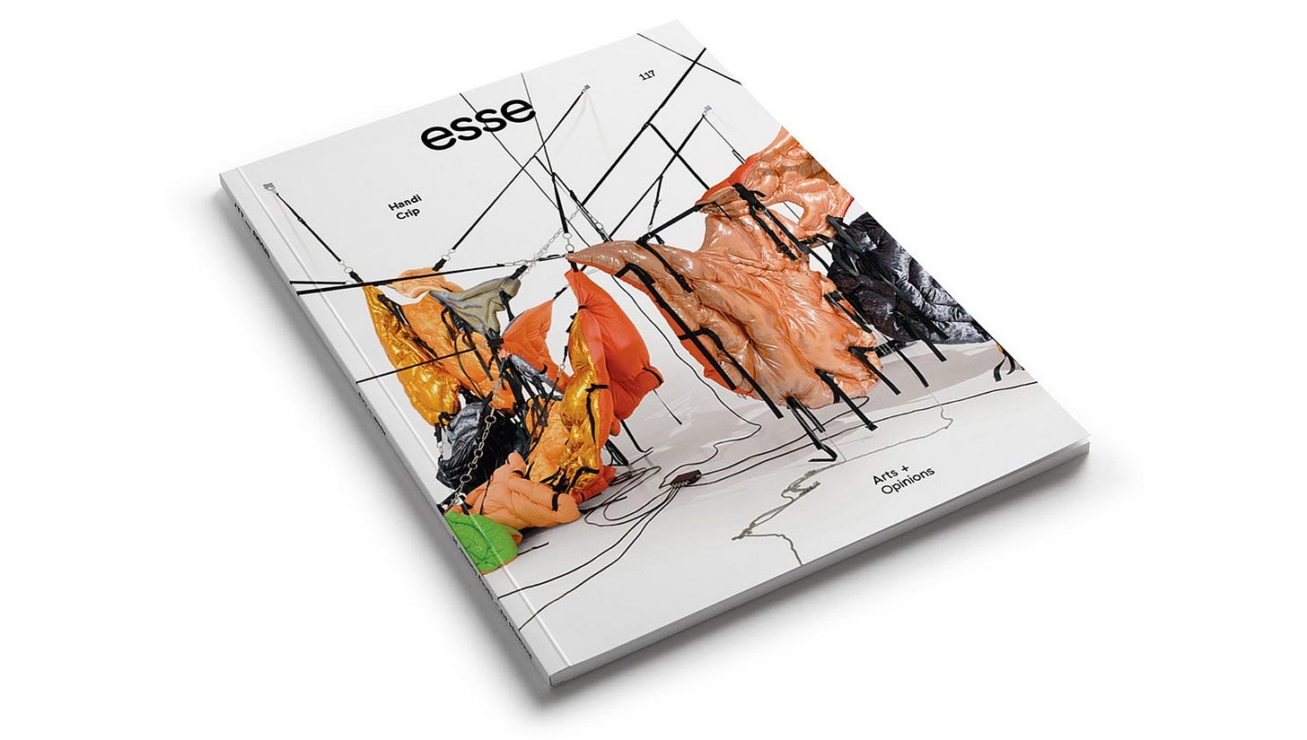 The cover of a magazine features an installation of wires and cables stringing up mulitcolored soft sculptures that seem like half-deflated plastic bodies. The cover of a magazine features an installation of wires and cables stringing up mulitcolored soft sculptures that seem like half-deflated plastic bodies.