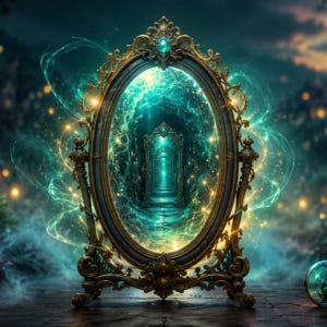 Ornate gilded mirror revealing a glowing teal tunnel of light that leads inward, surrounded by magical sparks. Ornate gilded mirror revealing a glowing teal tunnel of light that leads inward, surrounded by magical sparks.