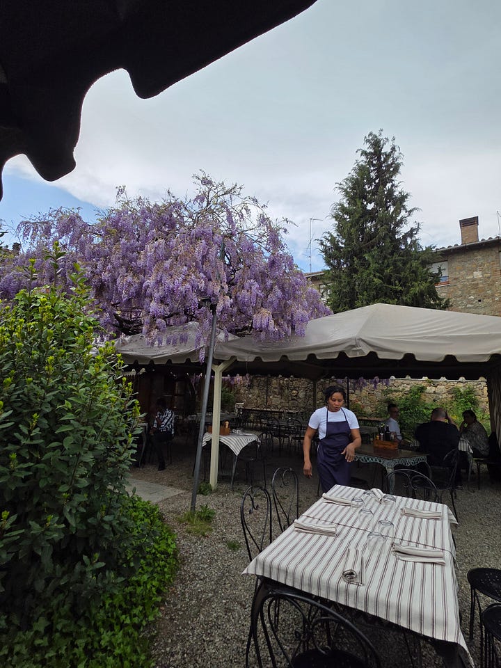 Patio dining area with umbrellas and wisteria plants.